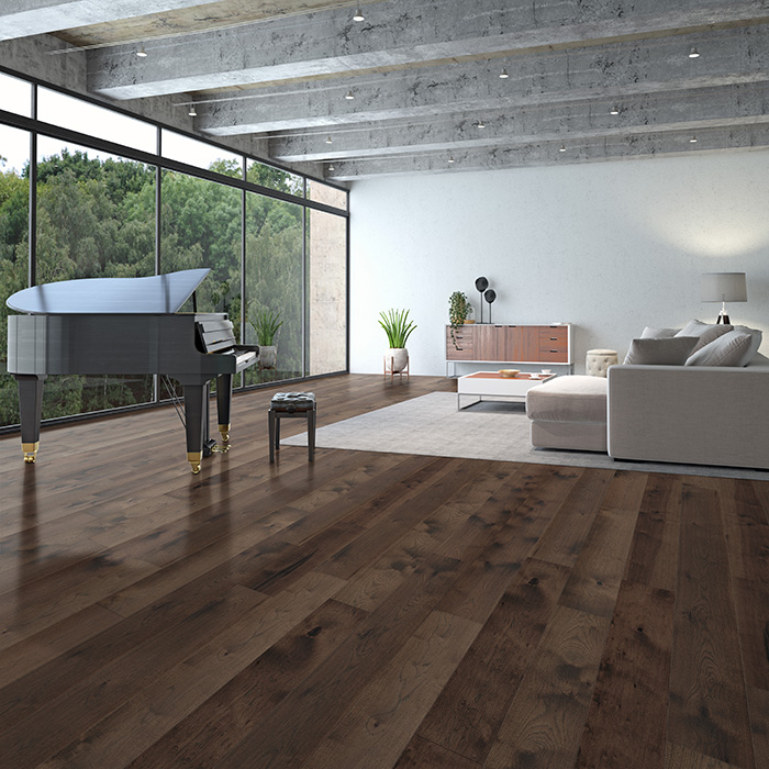 Coles Fine Flooring | dark hardwood floor living room with piano