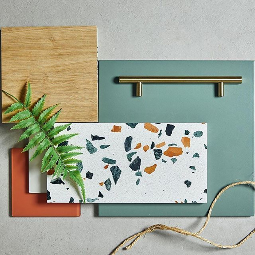 Coles Fine Flooring | Tile flatlay terazzo green and orange