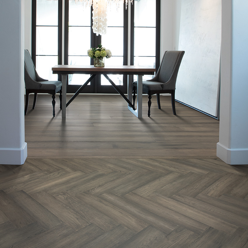 Coles Fine Flooring | dark herringbone hardwood dining room