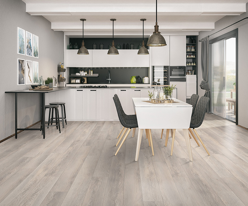 Coles Fine Flooring | modern white kitchen grey luxury vinyl plank