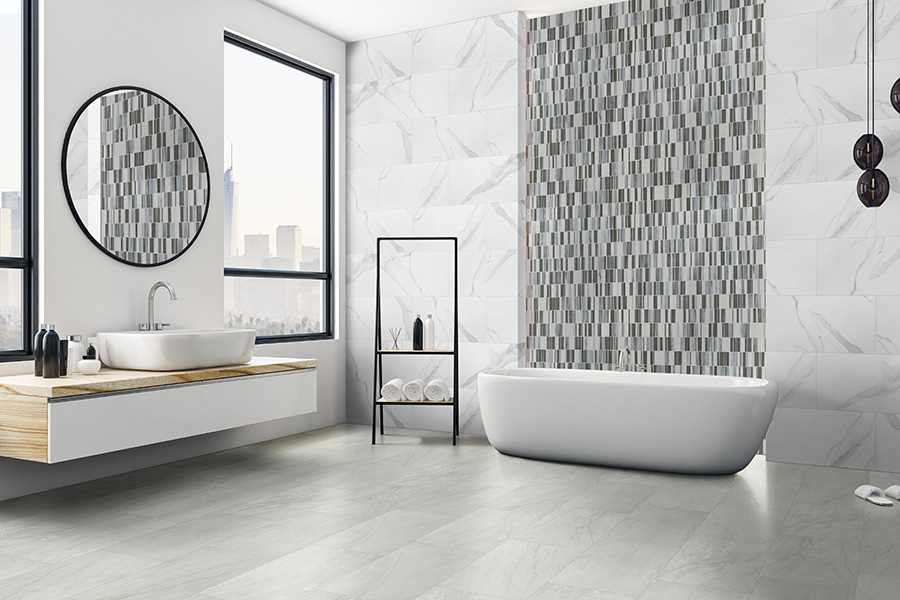 Modern bathroom interior with city view and blank poster on wall. Design and style concept. Mock up, 3D Rendering