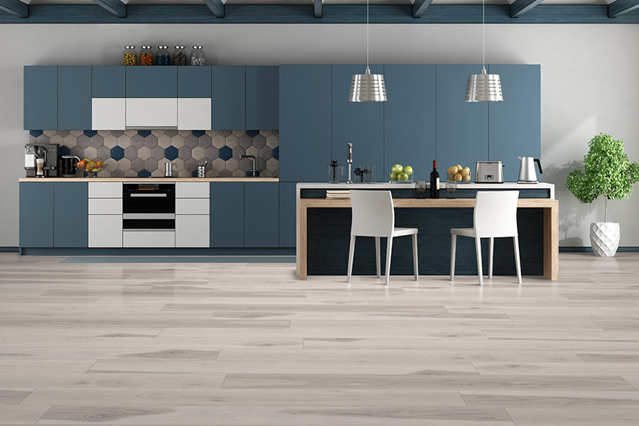 White and blue contemporary kitchen with arched ceiling and cement floor - 3d rendering Note: the room does not exist in reality, Property model is not necessary